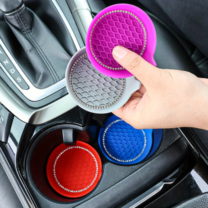 2PCS Silicone Car Cup Coasters with Non-Slip Rhinestone Design, Universal Vehicle Cup Holder Interior Accessories