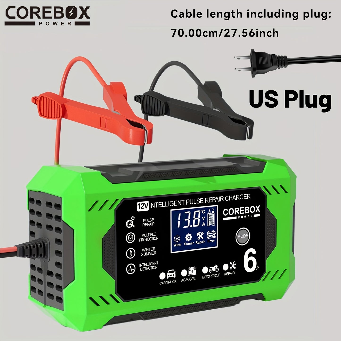 COREBOX 12V 6A Smart Battery Charger And Maintainer with LCD Display | US Plug, 110-130V Power Supply, Suitable for Cars, Trucks, Motorcycles, Lawn Mowers, Marine Lead Acid Batteries, Trickle Charging And Desulfation, Battery Not Included