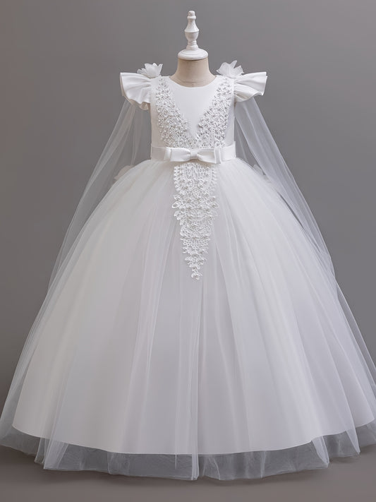 Fashionable Girl's Children's Dress, Medium to Large Size, Floral Pearl Wedding Dress, Flower Girl Performance Princess Dress, Floor-Length Style