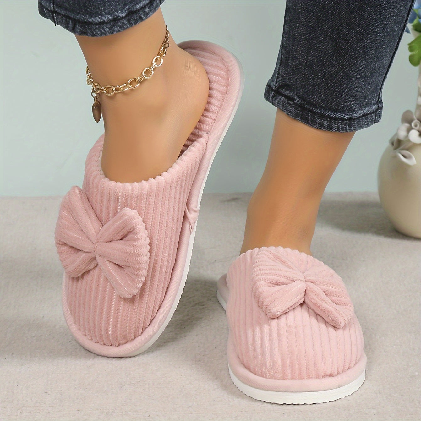 Women'S Slip-On Winter Slippers - Cozy Fleece-Lined EVA Sole, Soft All-Season Indoor House Shoes for Home & Couples, Casual Slip-On Design with Bow Detail, Slipon Shoes