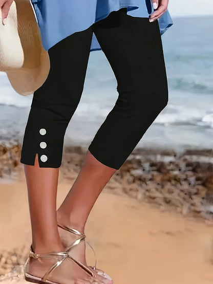Women's Elegant Solid Color Capri Pants with Elastic Button Design - Machine Washable Non-See-Through Fabric, All-Season Versatile Casual & Formal Wear, Everyday Bottoms, Stylish Capris, Comfortable Fit, Stretchy Bottoms, Office Attire