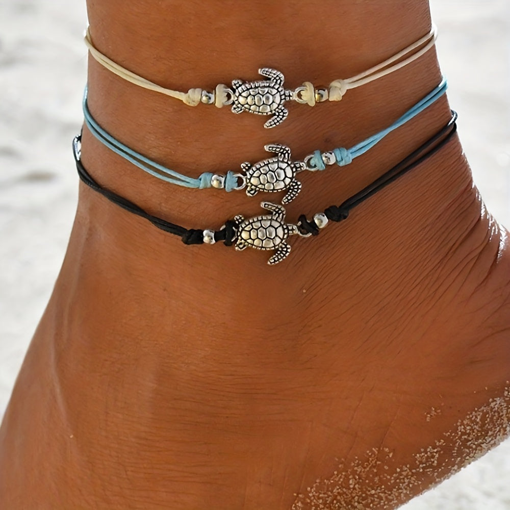 Adjustable Length Retro Hemp Turtle Anklet Handwoven Turtle Beach Foot Jewelry