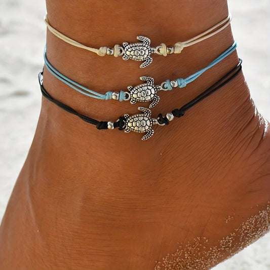 Adjustable Length Retro Hemp Turtle Anklet Handwoven Turtle Beach Foot Jewelry