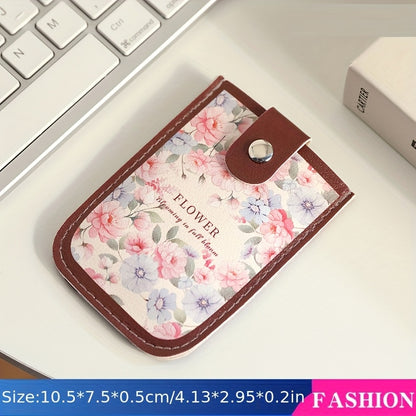 Vintage Floral Pattern Pull-Out Multi-Card Slot ID Holder, Large Capacity Compact Ultra-Thin Synthetic Leather Card Case with Snap Closure