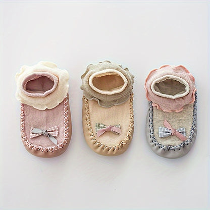 Spring/Autumn Cartoon Children's -Soled Socks, Baby's First Walking Floor Socks with Bow, Non-Slip Soft-Soled Shoe Socks for Kids