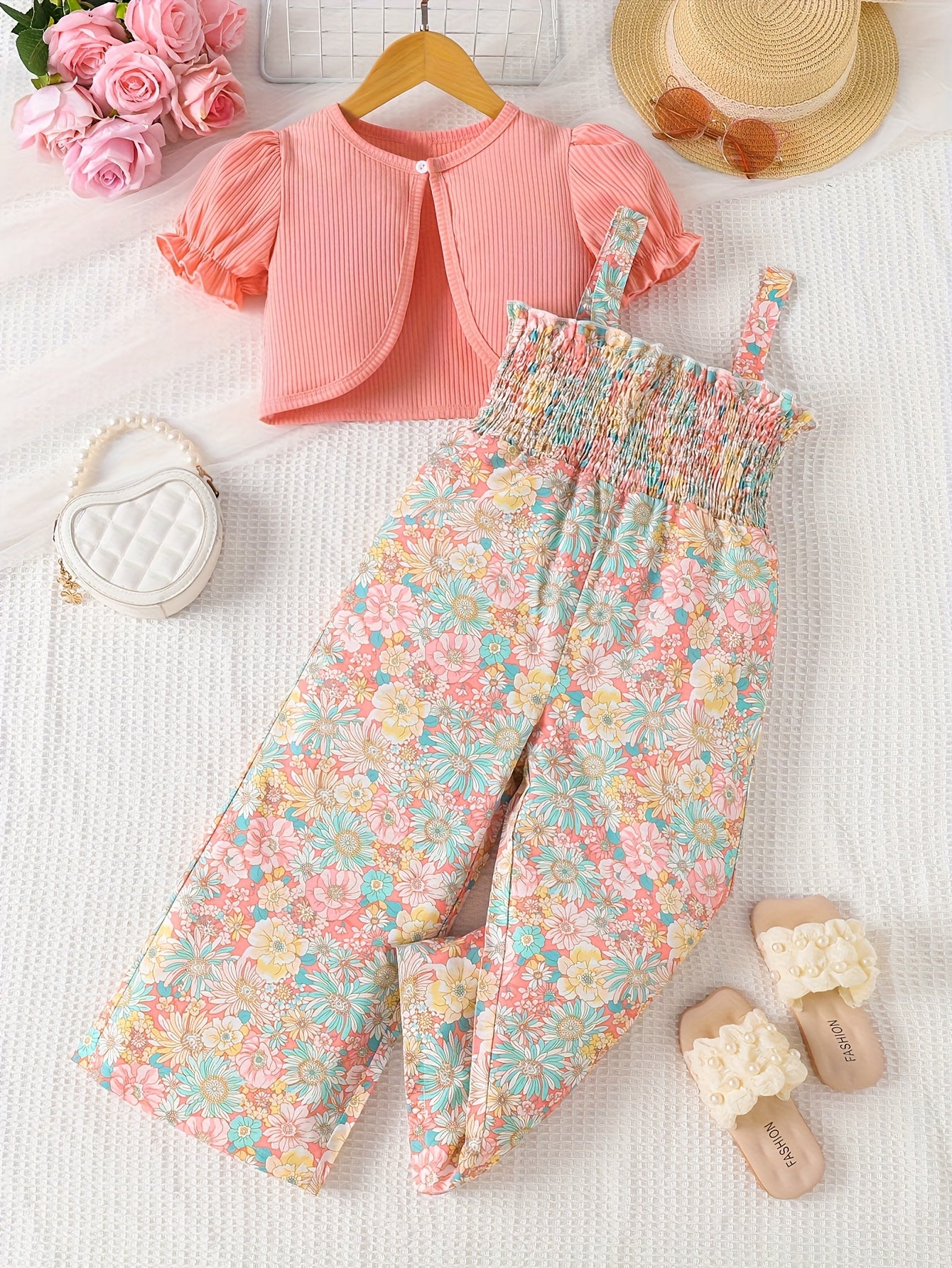 Suit Summer Floral Print Pleated Suspender Jumpsuit Plus Cardigan Jacket Two-Piece Set