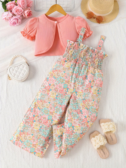 Suit Summer Floral Print Pleated Suspender Jumpsuit Plus Cardigan Jacket Two-Piece Set