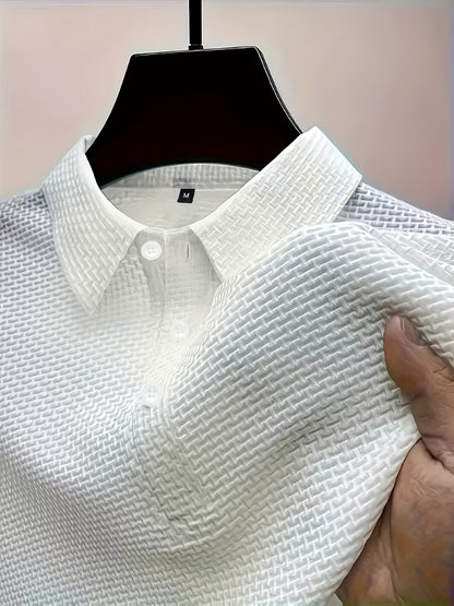 2024 New Ice Slicky Fiber Fabric Jacquard Casual Sports Top, Men's High-End Summer Solid Color Short-Sleeve T-Shirt for Golf, Fishing, Basketball, Camping, Gym Swimming and Beach Shirts with Turn Collar