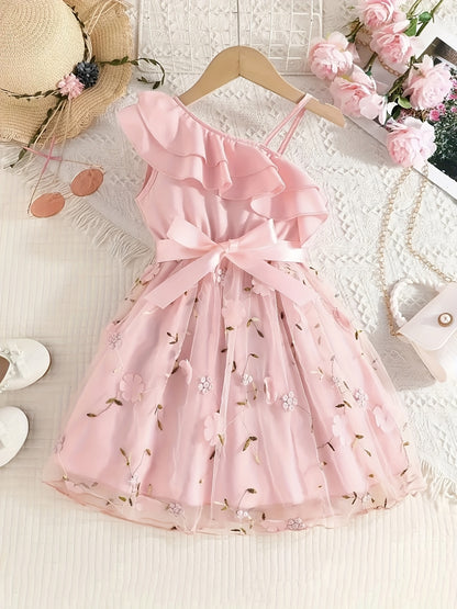 An Elegant Party Outfit Featuring a Ballet Skirt with a Belt, a Floral Embroidered Ruffled Strap Dress, Perfect for Christmas, Valentine'S Day Gifts, Holiday Parties, Gatherings, Evening Events, Weddings, Birthdays, And Everyday Wear