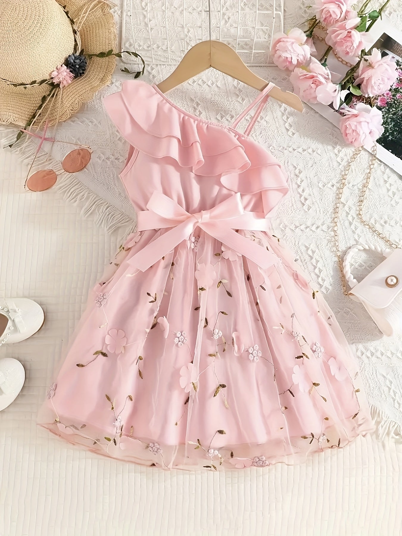 An Elegant Party Outfit Featuring a Ballet Skirt with a Belt, a Floral Embroidered Ruffled Strap Dress, Perfect for Christmas, Valentine'S Day Gifts, Holiday Parties, Gatherings, Evening Events, Weddings, Birthdays, And Everyday Wear