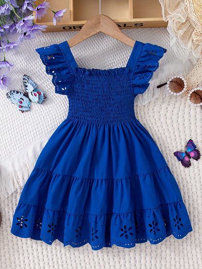 Girls' Casual Dress, Summer Daily Casual Outing, Square Neckline Sleeveless Small Flutter Sleeve Design, Gathered Waist, Solid Color, Knee-Length