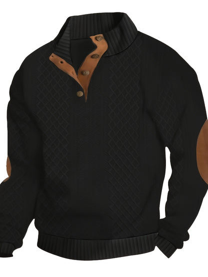 [Casual | Sports] Gray Men's Casual Sports Sweatshirt | Diamond Pattern Knitted Jacquard, Stand Collar, Long Sleeve, Stretch Fabric, Button Detail with Orange Accents
