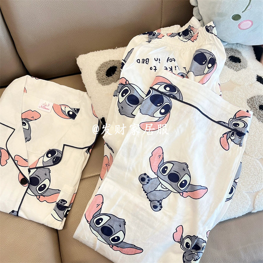 ins style cute Stitch pajamas spring and autumn new long-sleeved trousers loose cardigan homewear set
