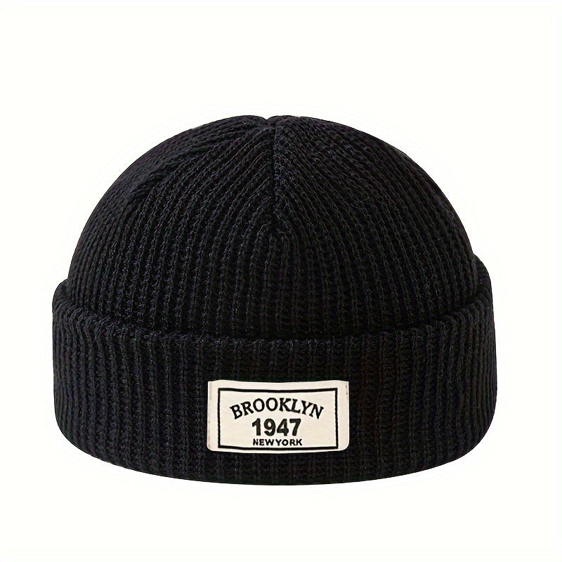 MAKEFGE Men's Fashion Knitted Beanie - Warm, Elastic Acrylic Winter Hat with Letter Patch, Ideal for Active Leisure, Holiday Gifts and Valentine's Day