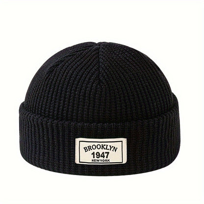 MAKEFGE Men's Fashion Knitted Beanie - Warm, Elastic Acrylic Winter Hat with Letter Patch, Ideal for Active Leisure, Holiday Gifts and Valentine's Day