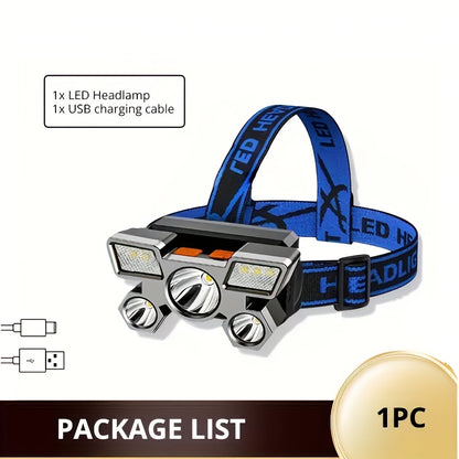 HuccBs USB Rechargeable Headlamp, Portable 5-LED Headlight with Built-in Battery, Flashlight, Portable Work Light, IPX4, Head-Mounted Fishing Headlamp Flashlight, Portable Camping Headlamp, Home Emergency, Fishing, Travel Work Light, USB Lighting