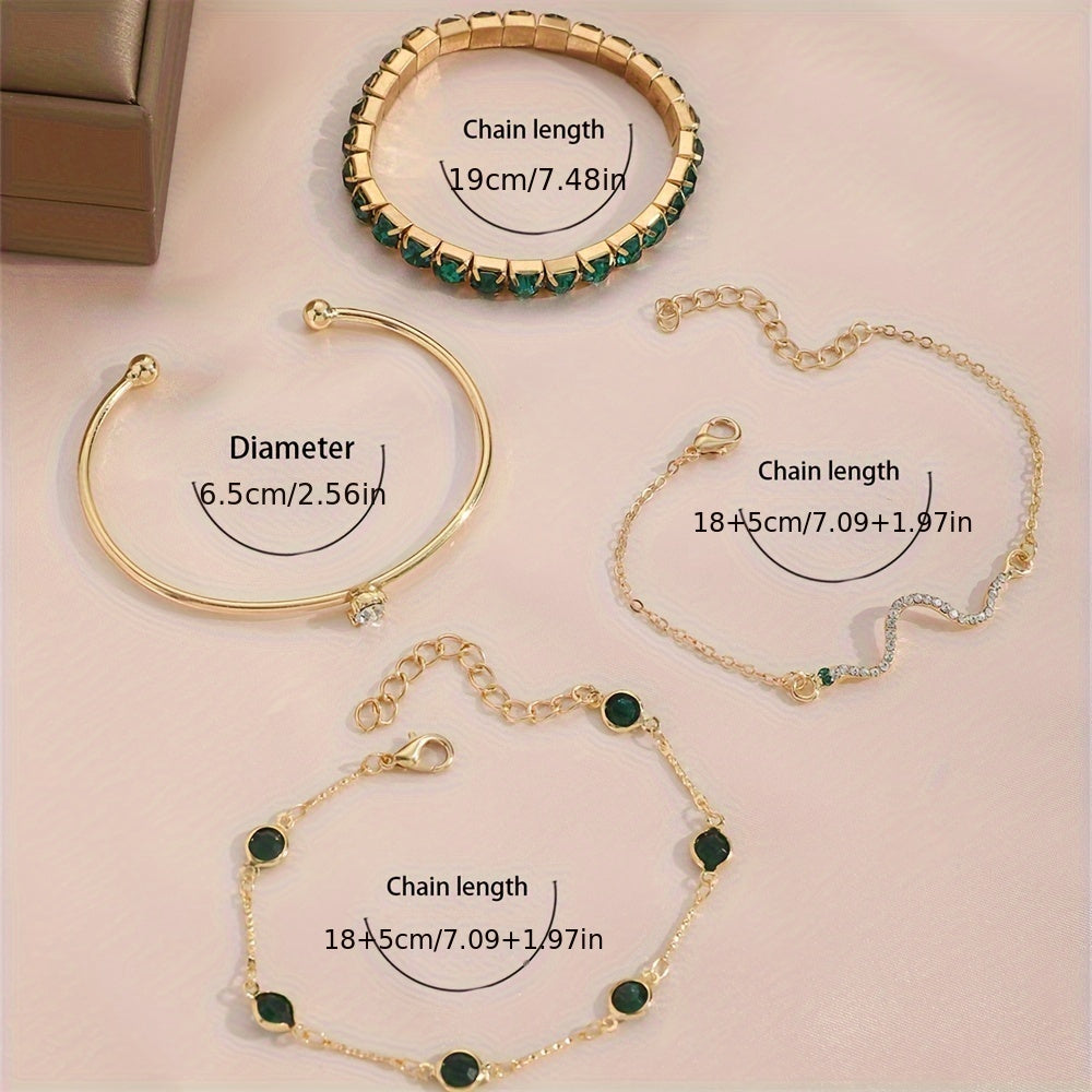 Set of 4 Elegant And Sexy Green Faux Gemstone Rhinestone Claw Chain Snake-Shaped Bracelets with Open Bangles