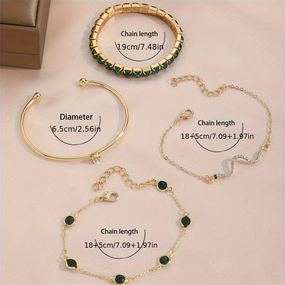 Set of 4 Elegant And Sexy Green Faux Gemstone Rhinestone Claw Chain Snake-Shaped Bracelets with Open Bangles