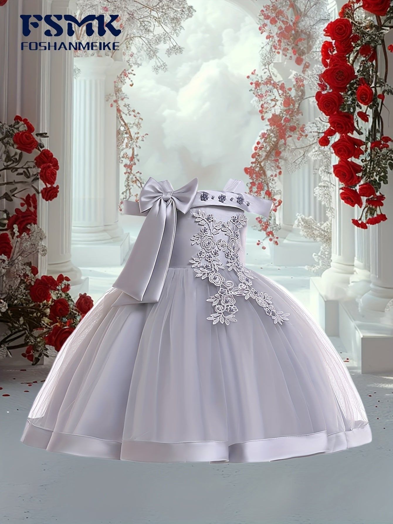 New Children'S First Birthday Baptism Dress Princess Dress Baby Girl Mesh Tutu Skirt Bow Dress Party Dress Off-The-Shoulder Embroidered Dress 1