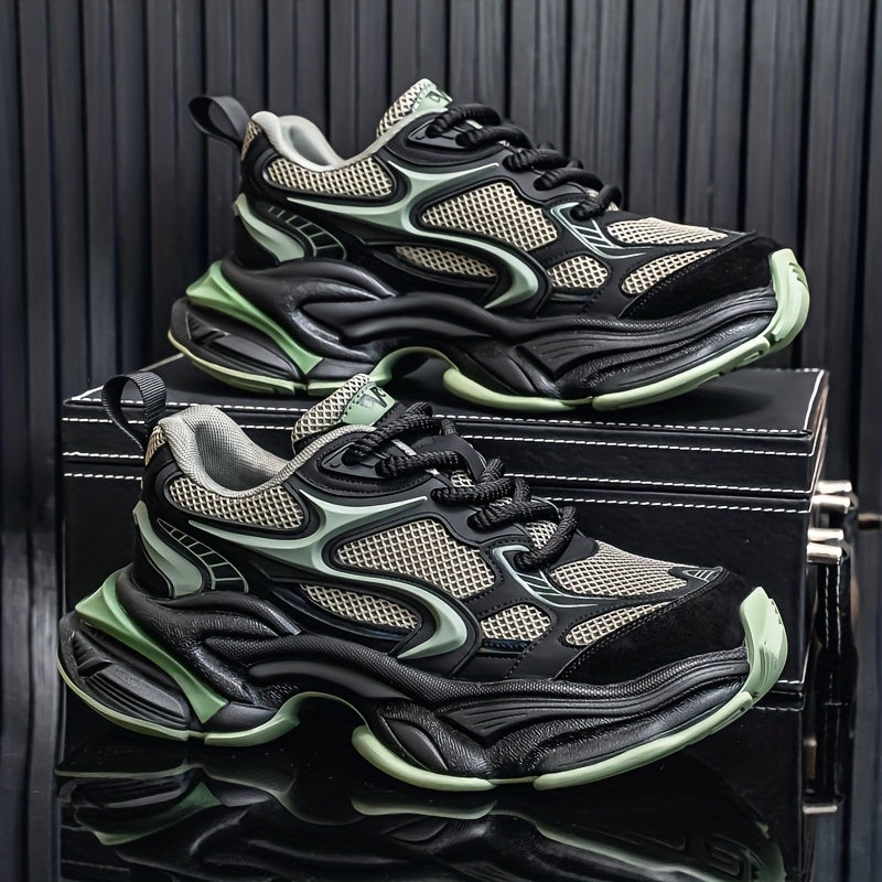 Men's Mesh Sneakers, Autumn/Winter Four-Season Style, Fashionable and Trendy, Thick-Soled Height-Increasing Casual Shoes, High-End Feel, Color-Blocked, Versatile, Lightweight, and Breathable
