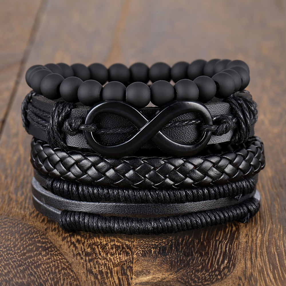 Men's 4pcs Mobius Loop Denim Faux Leather Bracelet Set - Vintage Infinity Bead Multi-Layer Band for Rock & Carnival Fashion, Band, Faux Leather