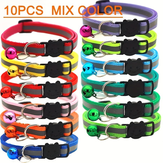 10-Pack Reflective Breakaway Cat Collars with Bells & Round Ears, Durable Polyamide Material, Adjustable Safety Pet Collar Set with Various Patterns