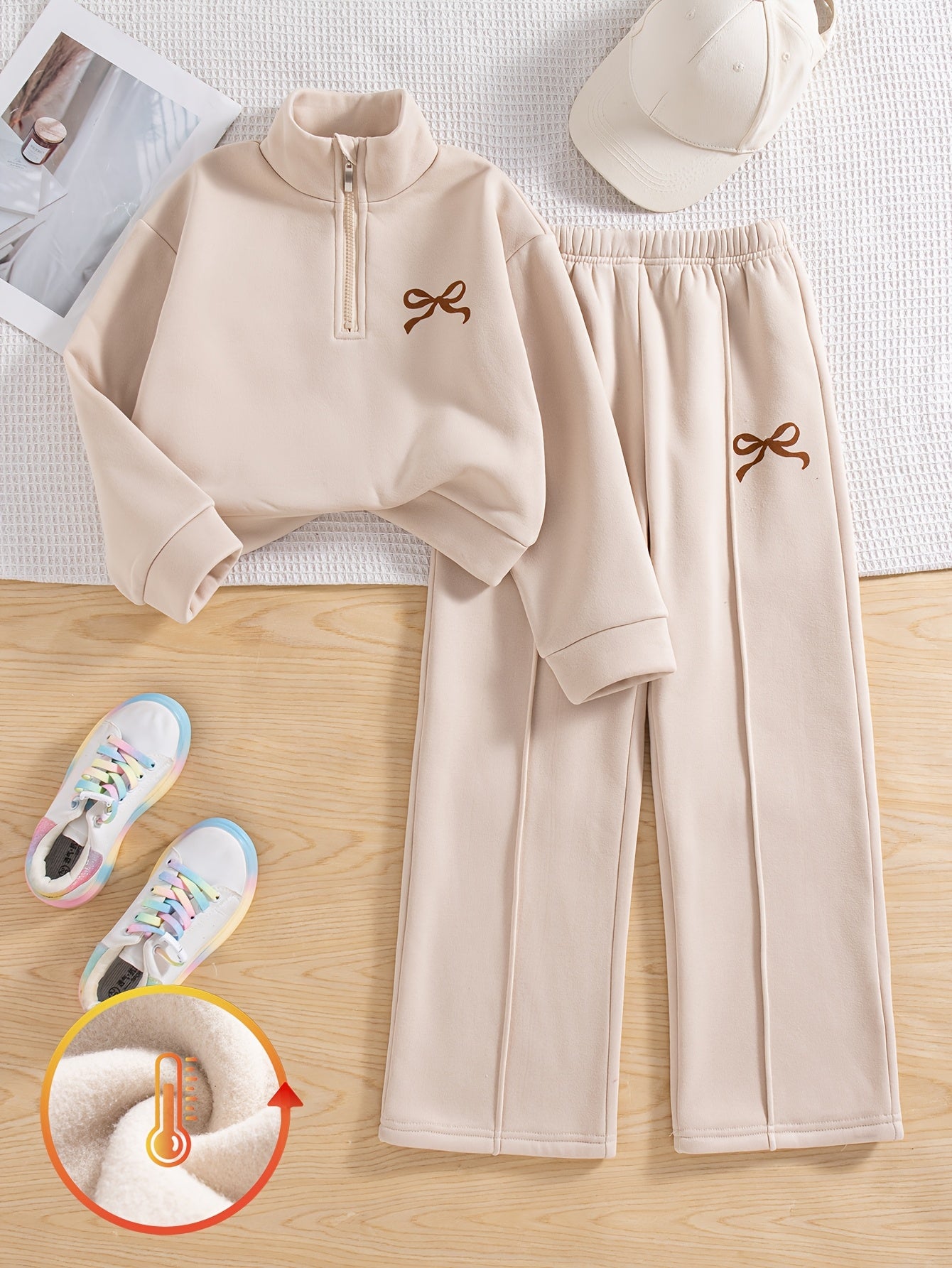 Girls' Daily Casual Outing Fashion Printed Bow Pattern Drop Shoulder Stand Collar Long Sleeve Sweatshirt and Long Pants 2pcs Set, Large Sweatshirt and Long Pants Set for Girls, Autumn/Winter, Perfect for Outdoor