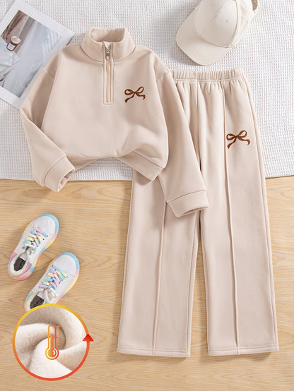 Girls' Daily Casual Outing Fashion Printed Bow Pattern Drop Shoulder Stand Collar Long Sleeve Sweatshirt and Long Pants 2pcs Set, Large Sweatshirt and Long Pants Set for Girls, Autumn/Winter, Perfect for Outdoor