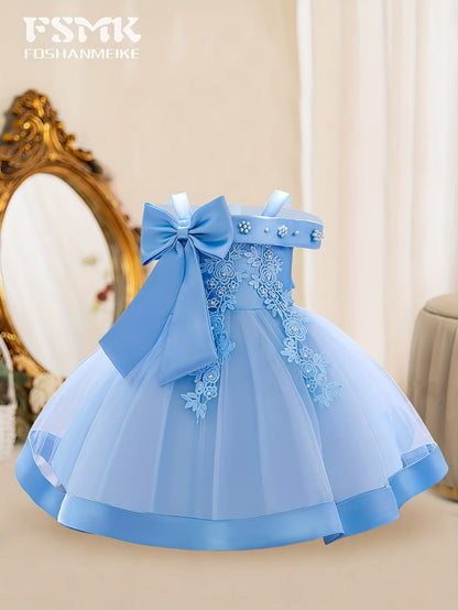 New Children'S First Birthday Baptism Dress Princess Dress Baby Girl Mesh Tutu Skirt Bow Dress Party Dress Off-The-Shoulder Embroidered Dress 1