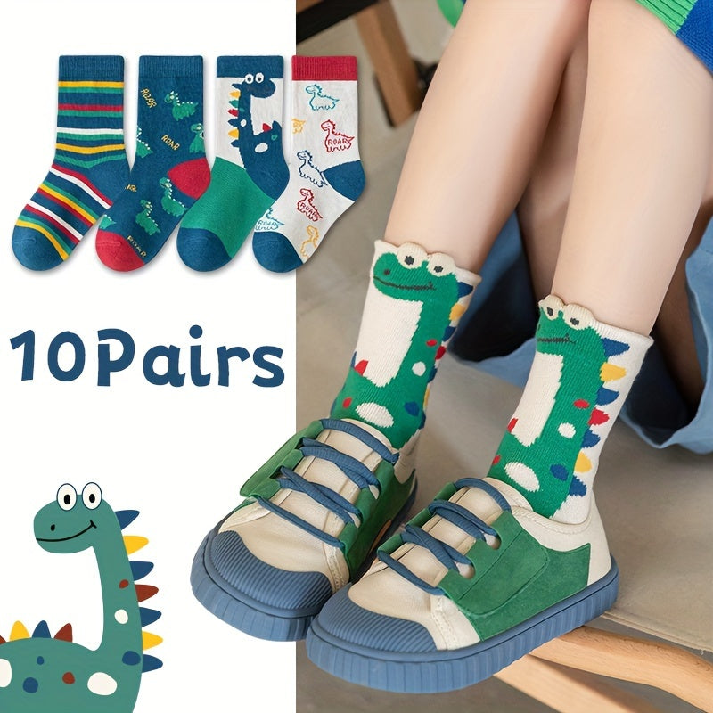 [Adorable | Dinosaur] 10 Pairs Boy's Adorable Dinosaur Pattern Crew Socks | Comfy Breathable Casual Soft Socks | For Kid's Outdoor Activities, Summer