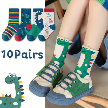 [Adorable | Dinosaur] 10 Pairs Boy's Adorable Dinosaur Pattern Crew Socks | Comfy Breathable Casual Soft Socks | For Kid's Outdoor Activities, Summer