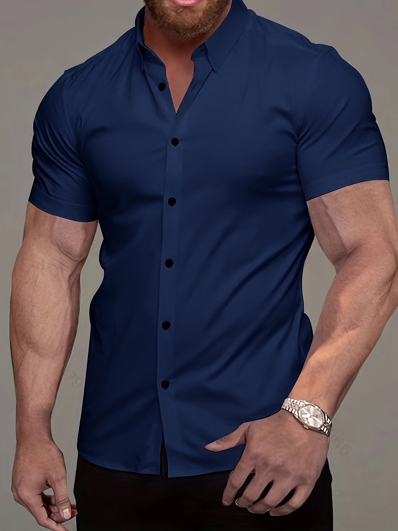 Muscle Man Fitness Short Sleeve Lapel Shirt | Non-Stretch, Solid Color, Button Detail, Summer Business Casual Non-Iron Shirt