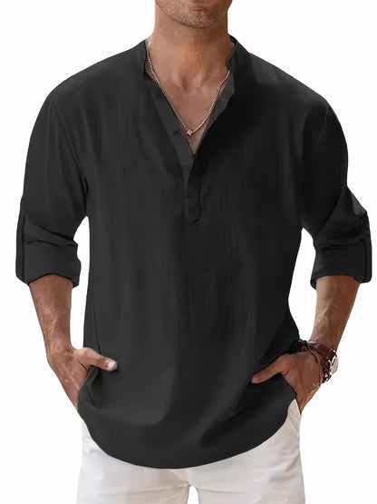 Cotton Cotton And Linen Blend Hot Men's Long-Sleeved Shirts Summer Solid Color Stand-Up Collar Casual Beach Style Plus Size Cotton And Linen Blend for Man Tops