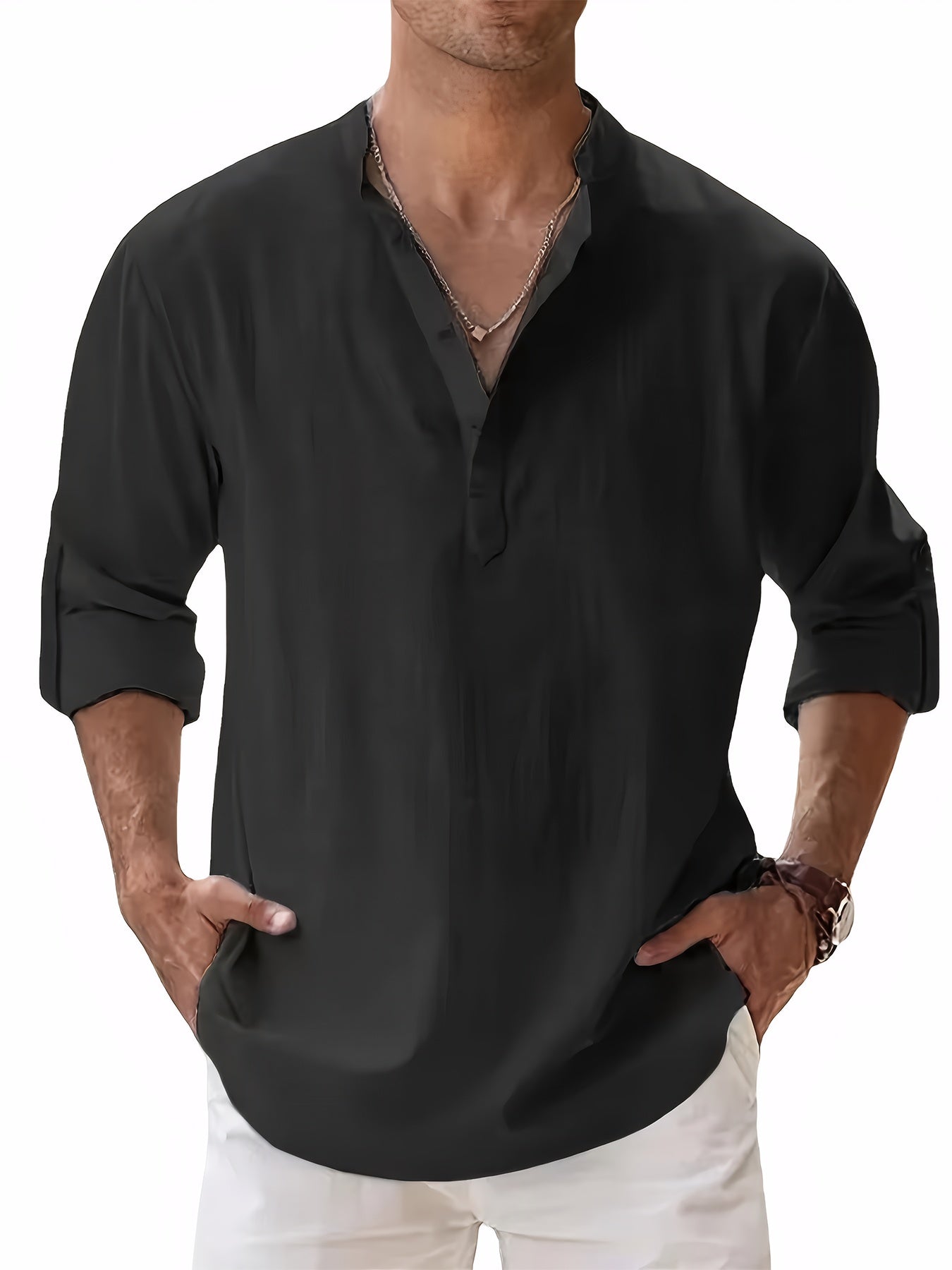 Cotton Cotton And Linen Blend Hot Men's Long-Sleeved Shirts Summer Solid Color Stand-Up Collar Casual Beach Style Plus Size Cotton And Linen Blend for Man Tops