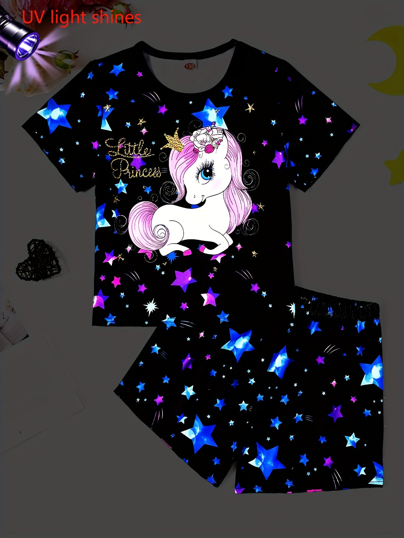 2pcs of Adorable Luminous Unicorn Star Design Short T-Shirts And Shorts Pajama Set, Soft And Skin-Friendly Princess Pajamas for Girls, Perfect for Cozy Lounging