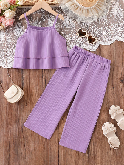 Two-Piece Outfit Featuring a Stylish Camisole and Pants, Perfect for Young Girls, Ideal for Summer Vacation Wear, for Outdoor