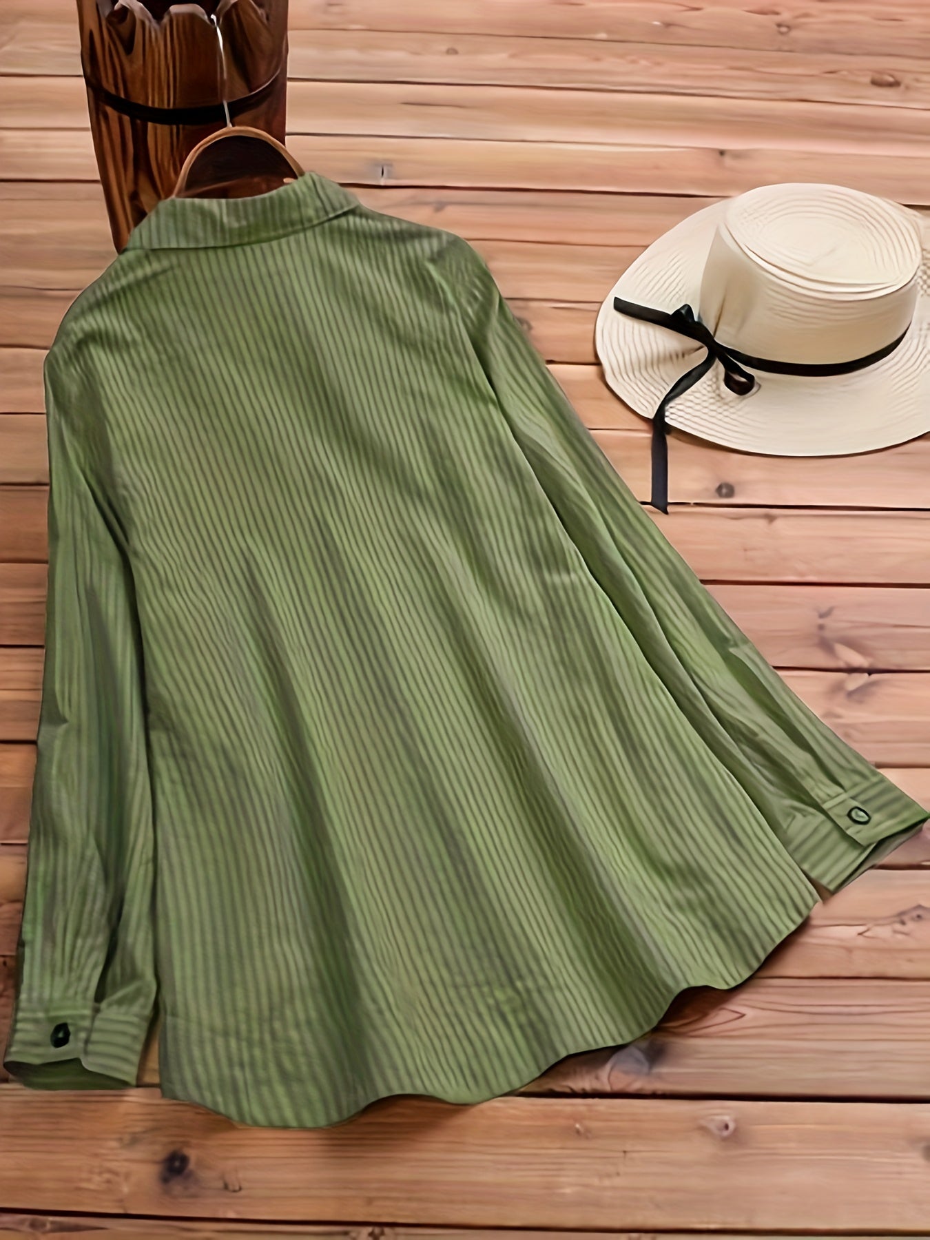 Spring,Autumn New Women's Solid Color Striped Button-Up, Faux Pocket Striped Long Sleeve Long Shirt Top