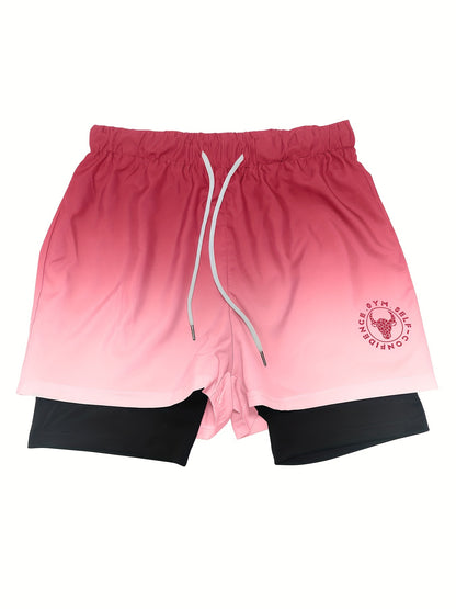 [Men's Athletic Shorts] Breathable Mesh Athletic Shorts - Men's Gradient Summer Outdoor Sports | Adjustable Drawstring Waist, Black to Gray with "NO Fear NO Limits" Design, Comfortable for Active Wear