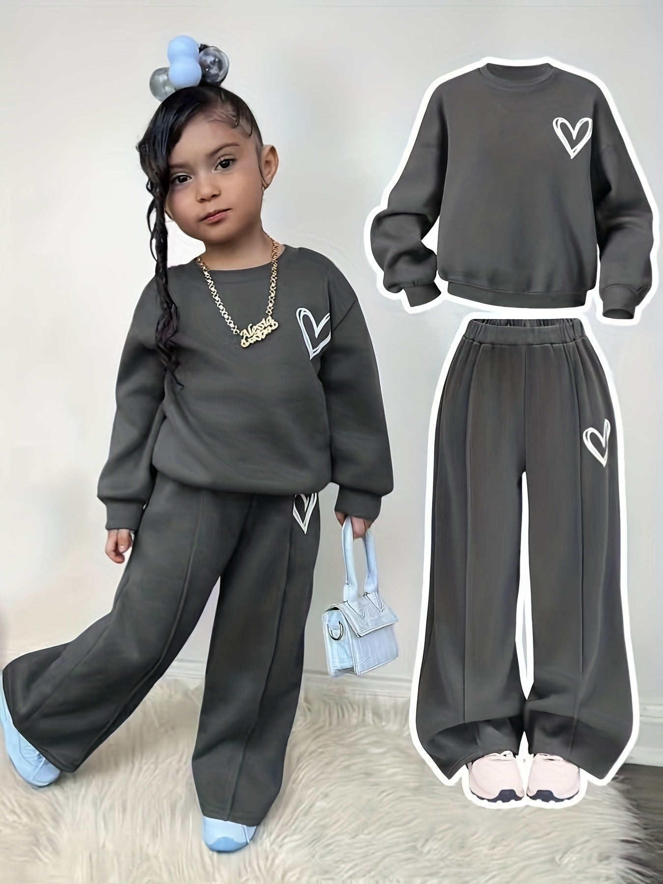 Girls' Heart Print Fleece Sweatshirt & Long Pants Two-Piece Set, Warm Cozy Comfortable Fabric, Perfect for Autumn Winter Outdoor Wear, Great Gift for Children