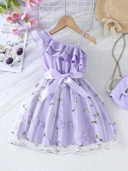 An Elegant Party Outfit Featuring a Ballet Skirt with a Belt, a Floral Embroidered Ruffled Strap Dress, Perfect for Christmas, Valentine'S Day Gifts, Holiday Parties, Gatherings, Evening Events, Weddings, Birthdays, And Everyday Wear