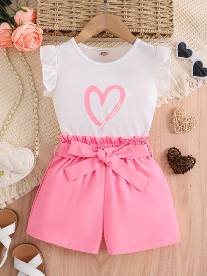 Summer Casual Girls Set/Round Neck Sleeveless Top/Solid Color Shorts with Belt/Perfect for Outdoor Activities, Casual Attire, Summer Outfit, Summer Fashion