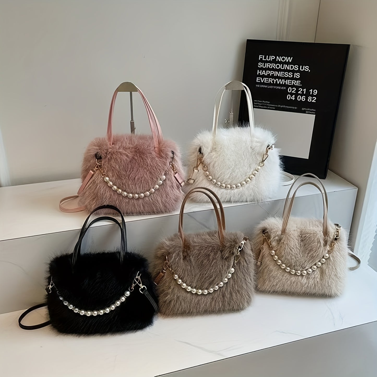 Available in 5 Colors, a Fashionable Faux Fur Crossbody Bag with Accents - Women's Soft Plush Shoulder Bag, Options in Deep Pink/white/black