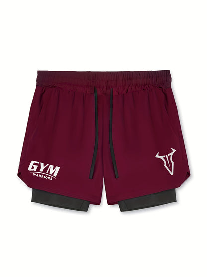2-in-1 Double Layer Shorts With Inner Pocket, Men's Quick Dry Sports Shorts For Summer Gym Workout Training