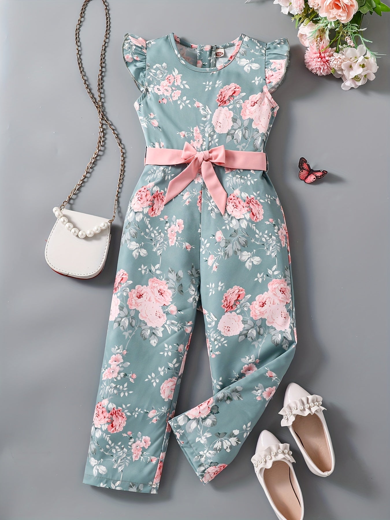 Girls' Casual Jumpsuit, Sleeveless Round Neck with Floral Print, Back Zipper Design with Belt, Perfect for Outdoor Activities, Summer Fashion