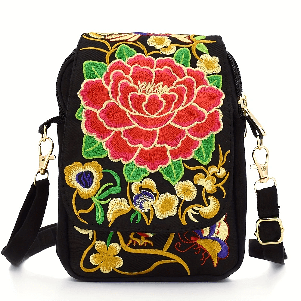 [Embroidered Crossbody Bag] Women's Embroidered Crossbody Bag - Mini Shoulder Bag - Portable Double-Layer Wallet - Phone Pouch