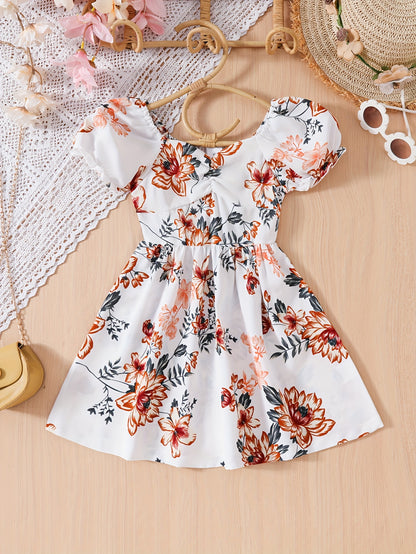Summer Short-Sleeve Princess Dress for Girls with Lantern Sleeves And Floral Design, Perfect for Parties