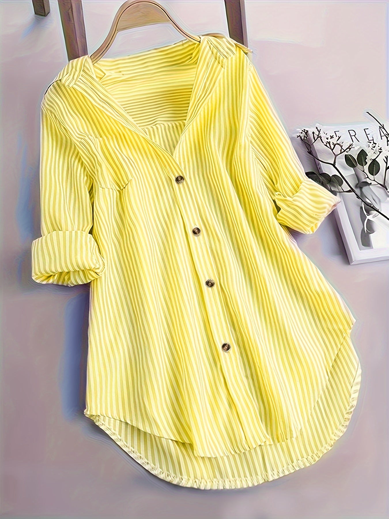 Elegant Striped Shirt for Women, Stylish Long-Sleeve Blouse with a Collar And Pockets