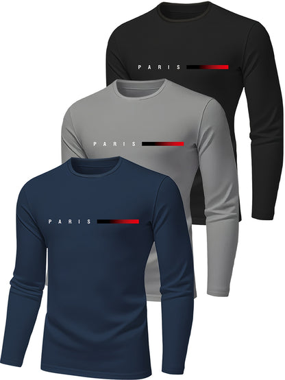 3-Pack Men'S Long-Sleeve T-Shirts, Breathable And Quick-Drying, Crew Neck, Medium Stretch, Printed, Regular Fit, Ideal for Gym Workouts, Morning Runs, Outdoor Activities, Comfortable Everyday Wear