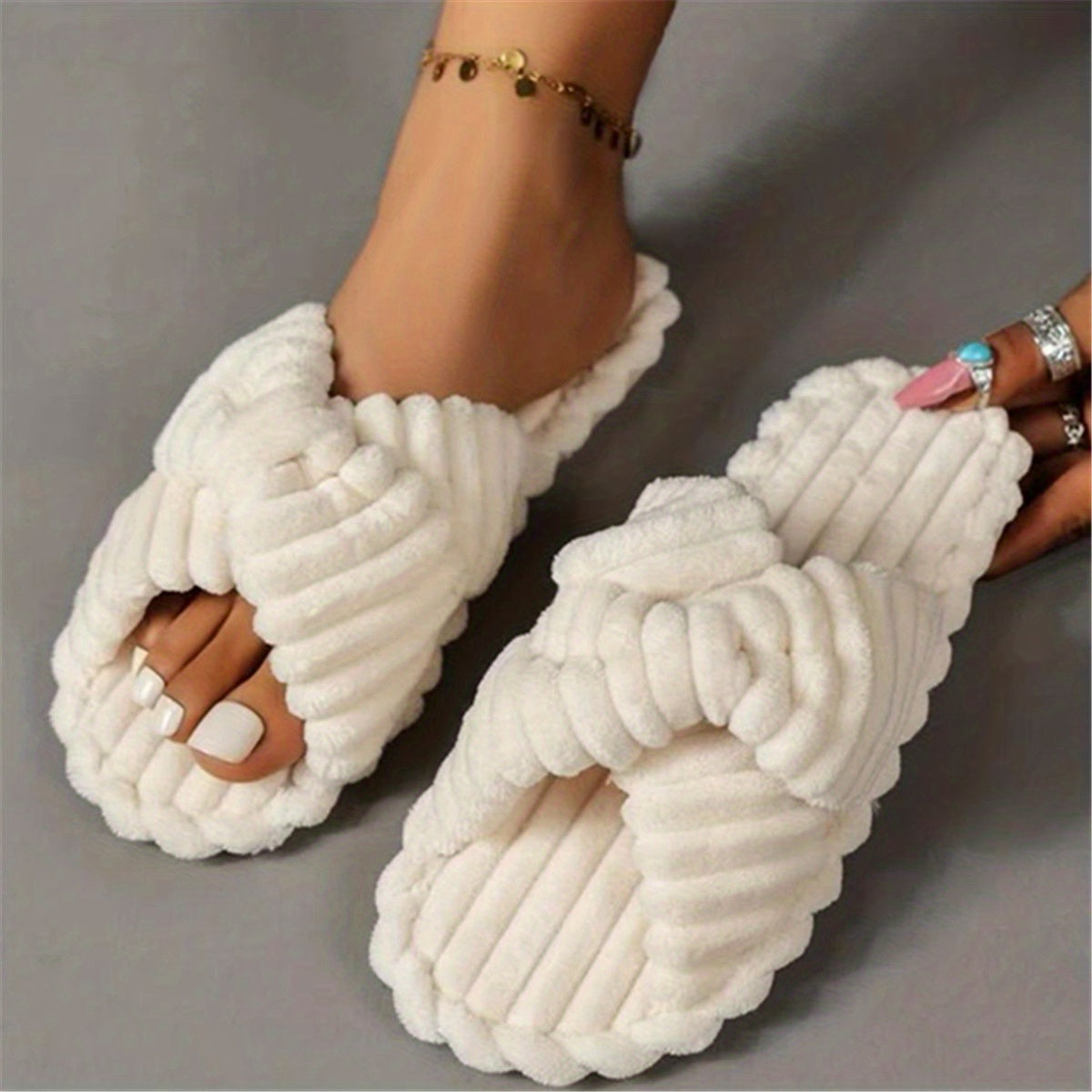 Women'S Cozy Fabric Slip-On Slippers with Braided Straps - Soft Beige Cross-Strap Design, Comfortable Home Shoes for All Seasons, Perfect for Relaxing at Home, Allseason Slippers | Braided Straps Slippers | Fabric Upper Slippers