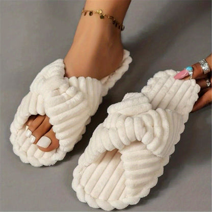 Women'S Cozy Fabric Slip-On Slippers with Braided Straps - Soft Beige Cross-Strap Design, Comfortable Home Shoes for All Seasons, Perfect for Relaxing at Home, Allseason Slippers | Braided Straps Slippers | Fabric Upper Slippers